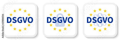 DSGVO Weißer Quadrat Aufkleber Set mit EU-Flagge, Vorhängeschloss und Paragraphenzeichen.