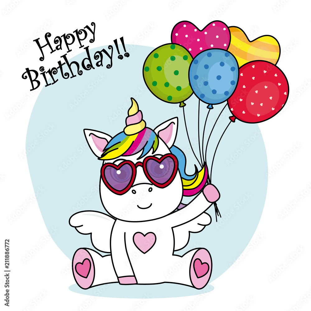 cute unicorn with sunglasses and balloons for birthday party Stock