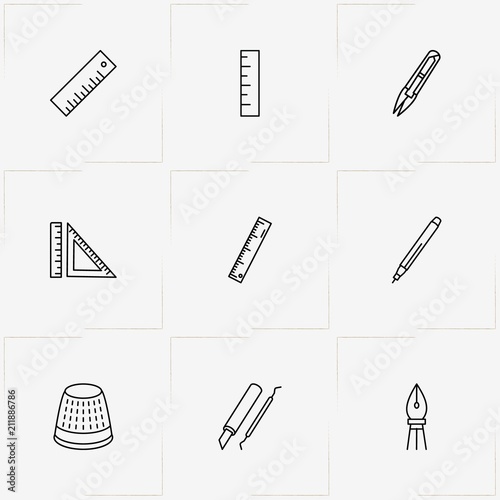 Sewing line icon set with sewing cutter , ruler and thimble