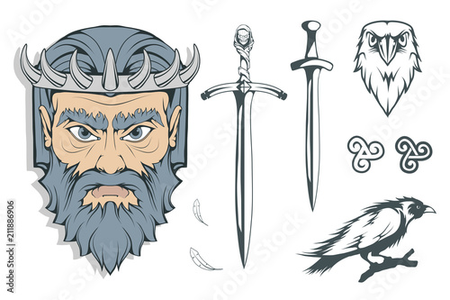 Hades - the ancient Greek god of the underworld of the dead. Greek mythology. Sword of hell and the raven. Olympian gods collection. Hand drawn Man Head. Bearded man. Vector graphics to design