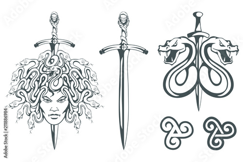 Gorgon Medusa - monster with a female face and snakes instead of hair. Sword. Medusa head. Greek mythology. Hand drawn traditional Greek ornament. Snake tattoo. Vector graphics to design