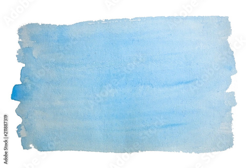 blue, azure watercolor hand-drawn isolated wash stain on white background for text, design. Abstract texture made by brush for wallpaper, label.