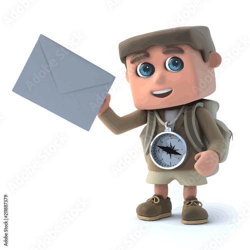 Vector 3d Hiker kid holding an envelope