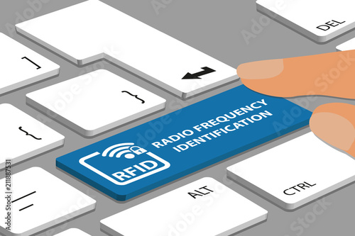 Keyboard With Blue RFID Button - Computer Or Laptop With Fingers - Vector Illustration