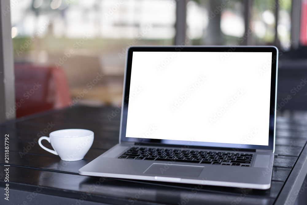Fototapeta premium Laptop with blank screen on table. Workspace background new project on laptop computer with blank copy space screen for your advertising text message