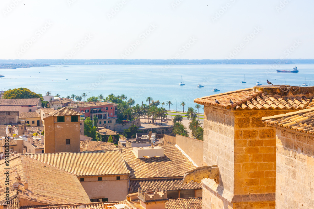 View over the rooftops of Palma de Mallorca with the sea in the background from the terrace of the Cathedral of Santa Maria of Palma, also known as La Seu. Palma, Majorca, Spain