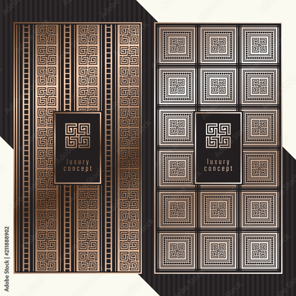 Fototapeta premium Luxury cards. Vector menu concept with meander pattern. Premium packaging design with greek logo.