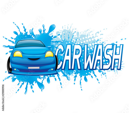 Car wash sign with blue car and water splash.