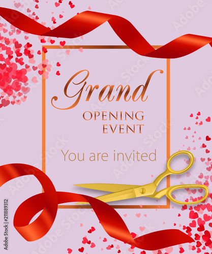 Grand opening event lettering with heart confetti and red ribbons. Opening event invitation design. Typed text, calligraphy. For leaflets, brochures, invitations, posters or banners.