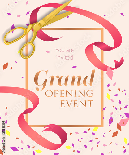 Grand opening event lettering with scissors. Opening event invitation design. Typed text, calligraphy. For leaflets, brochures, invitations, posters or banners.