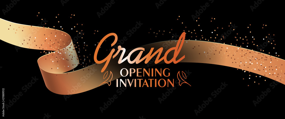 Grand opening invitation card design with gold ribbon and confetti on black  background. Festive template can be used for banners, flyers, posters.  Stock Vector | Adobe Stock