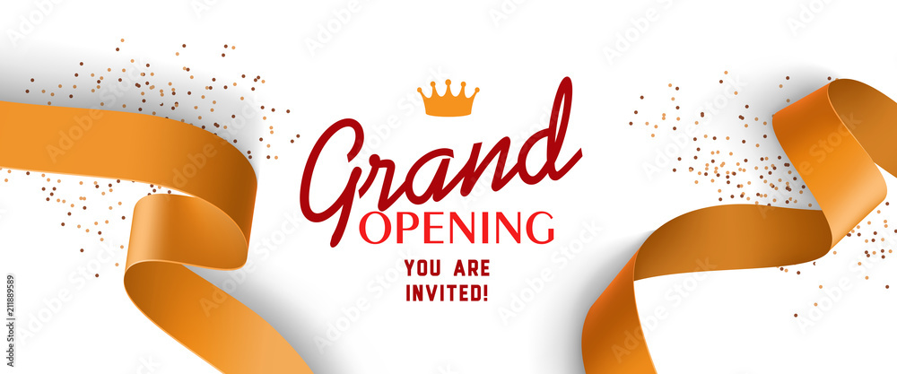 Grand opening invitation design with gold ribbons, crown and confetti. Festive template can be used for banners, flyers, posters. - obrazy, fototapety, plakaty 