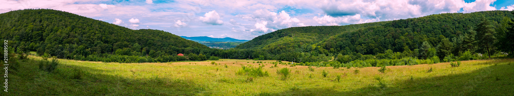 A magnificent panorama of a lush valley covered with grass and a low bush lying between high slopes with green thick trees.