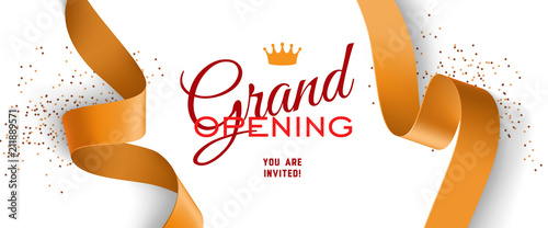 Grand opening invitation design with crown, gold ribbons and confetti. Festive template can be used for banners, flyers, posters.