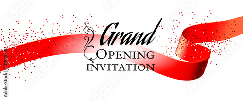 Grand opening white invitation card design with red ribbon and confetti. Festive template can be used for banners, flyers, posters.