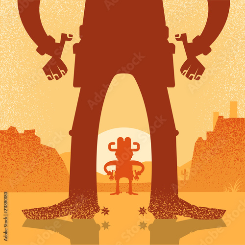 American Western cowboy duel gunfight.Vector illustration with two cowboys on desert
