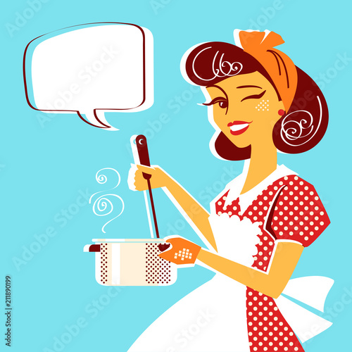 Portrait of Young housewife in red retro dress cooking soup in her kitchen room.Vector illustration