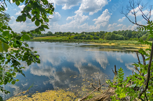 White clouds are reflected in a blue clear lake against the background of green trees and fields