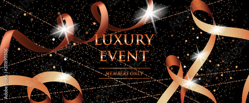 Luxury event members only festive banner with curled ribbons, glitter and sparks on black background. Lettering can be used for invitations, flyer template, coupon entrance
