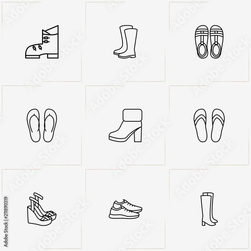 Shoes line icon set with boots, lady sandals and slippers
