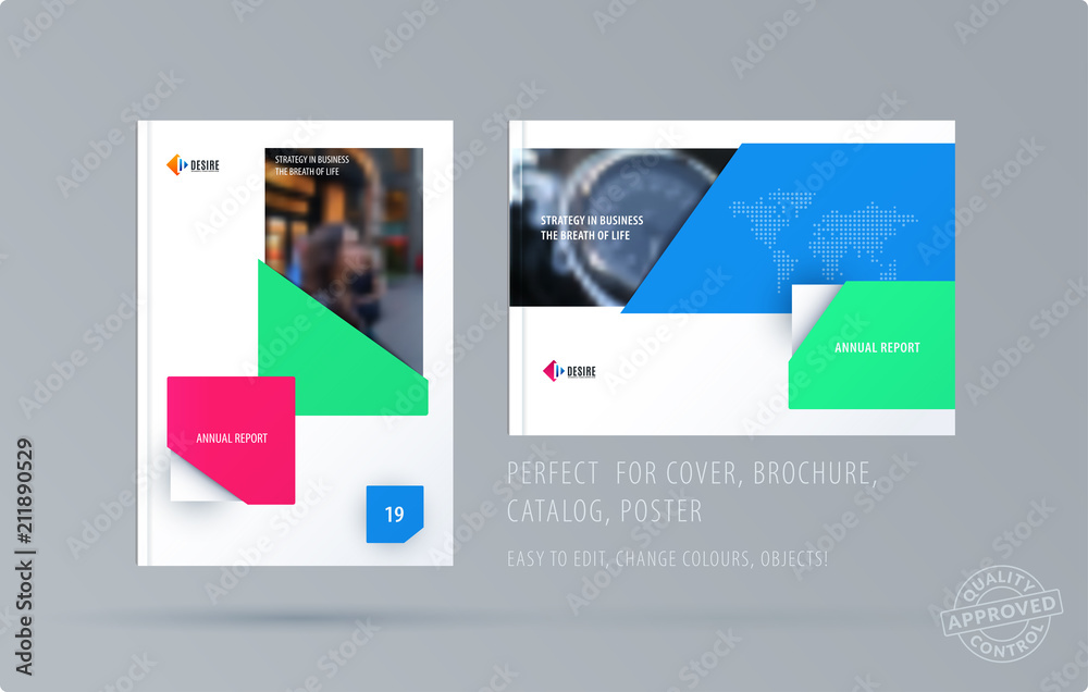 Obraz premium Brochure design rectangular template. Colourful modern abstract set, annual report with shapes for branding.