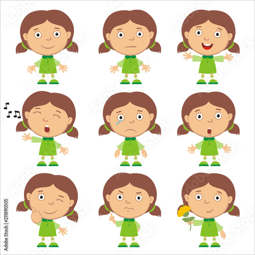 Collection of emoticons of funny girl in green dress isolated on white background.