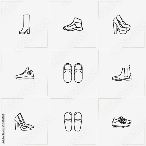 Shoes line icon set with slippers, lady shoes and lady boots