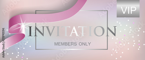 VIP invitation members only lettering with ribbon. Party invitation design. Typed text, calligraphy. For leaflets, labels, invitations, posters or banners.