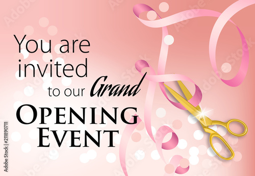 You are invited to our grand opening event lettering with ribbon. Pink background with glowing light effect. Illustration with lettering can be used for invitation cards, layout, posters and leaflets