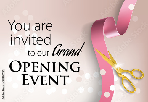 You are invited to our grand opening event lettering on pink background with shining lights and scissors cutting ribbon. Illustration can be used for invitation cards, layout, posters and leaflets