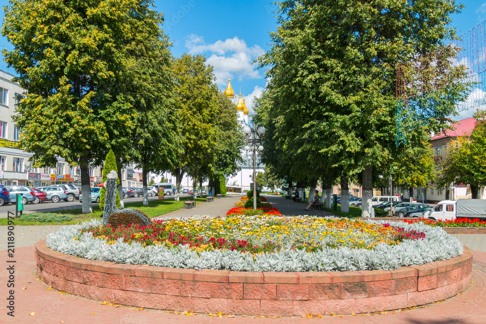 Obraz premium beautiful flowerbed with flowers in the alley in the center of the city