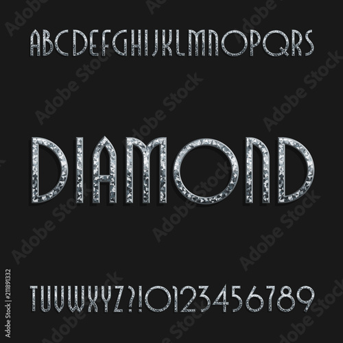 Diamond crystal alphabet font. Ornate jewellery art deco letters and numbers. Stock vector typography.