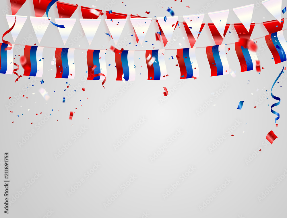 Obraz premium russia flags Celebration background template with confetti and red and blue ribbons.