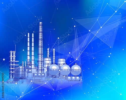modern chemical manufacturing plant on a blue technological background with a stylized digital wave - the concept of modern technology, the new industrial revolution & information technology / vector