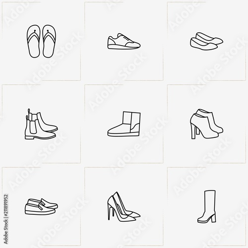 Shoes line icon set with lady boots , lady shoes and sneakers