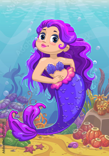 Cute cartoon little mermaid with purple hair