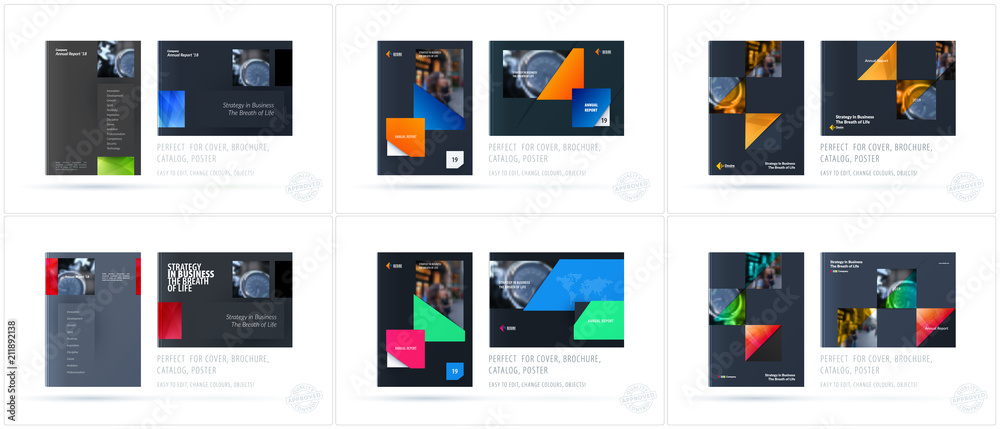 Brochure design rectangular template. Colourful modern abstract set, annual report with shapes for branding. Brochure design rectangular template. Colourful modern abstract set, annual report with shapes for branding.