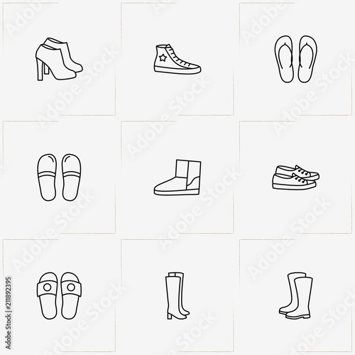 Shoes line icon set with lady boots , gumshoes  and slippers