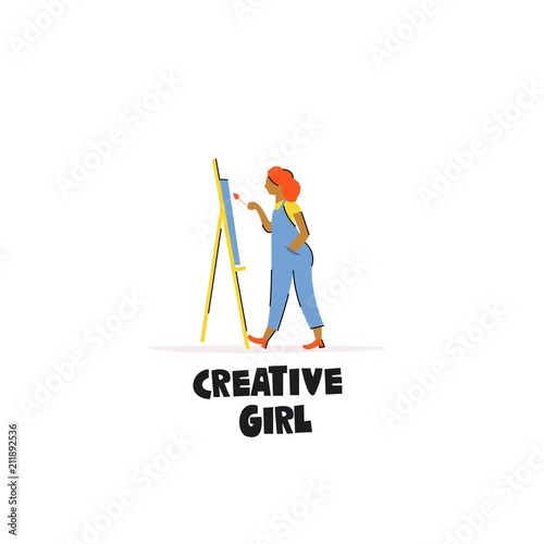Hand illustration-girl artist and the inscription "Creative girl". Cartoon character.
