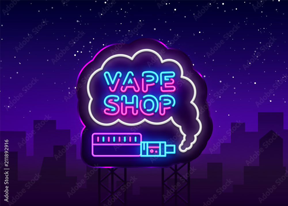 Plakat Vape sklep Logo Neon wektor. Vape szablon projektu neonu na temat elektronicznych papierosów, jasny baner, noc jasna reklama dla sklepu Vaping, modny nowoczesny design. Ilustracja wektorowa billboard