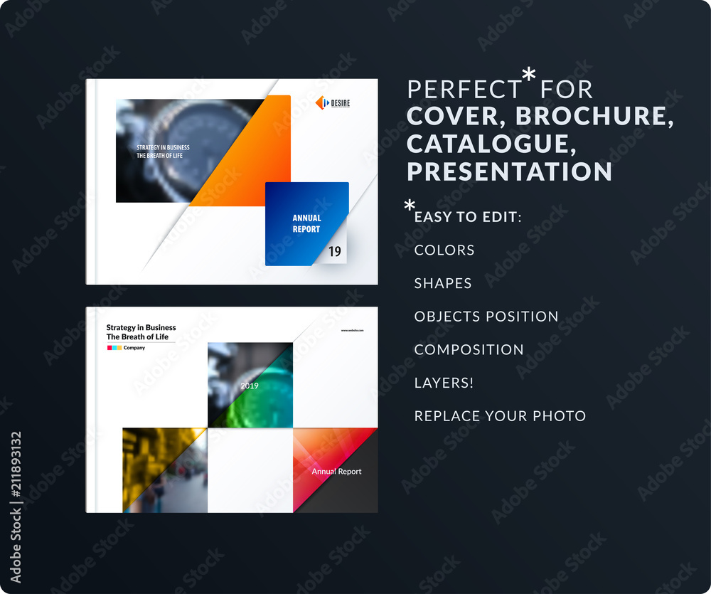 Square design presentation template with colourful rectangles shadows. Abstract vector set of modern horizontal banners