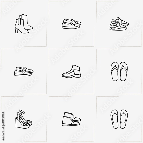 Shoes line icon set with sneakers, lady boots  and slippers