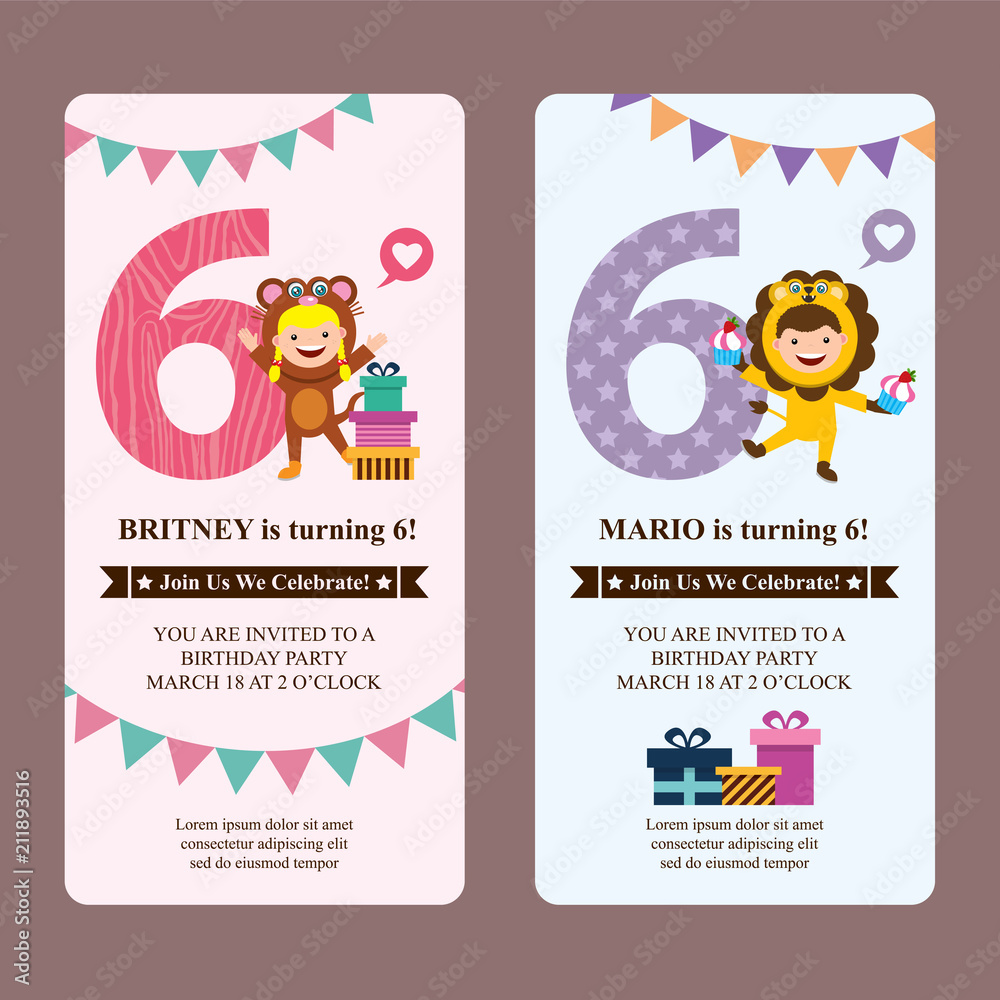 birthday card invitation with kids in animal costume