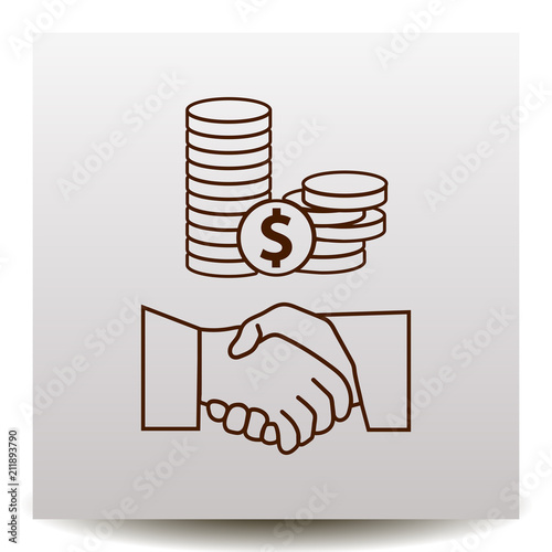 Financial  agreement and partnership line vector icon on a realistic paper background with shadow