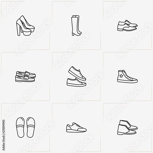 Shoes line icon set with boots, lady boots  and shoes