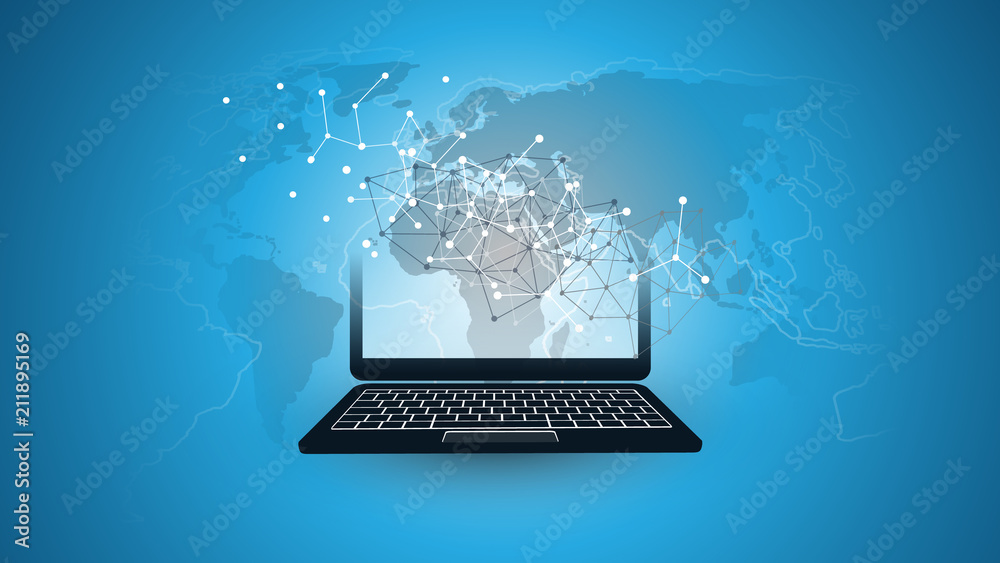 Digital Network Connections, Technology Background - Cloud Computing Design Concept with Laptop Computer and World Map Digital Network Connections, Technology Background - Cloud Computing Design Concept with Laptop Computer and World Map