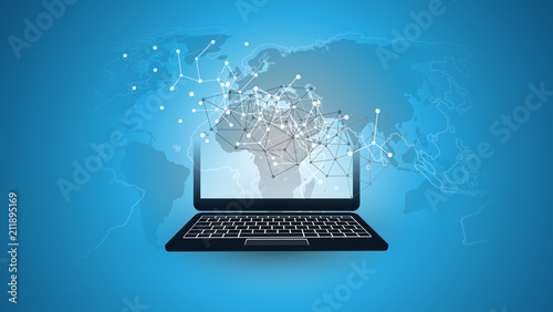 Digital Network Connections, Technology Background - Cloud Computing Design Concept with Laptop Computer and World Map