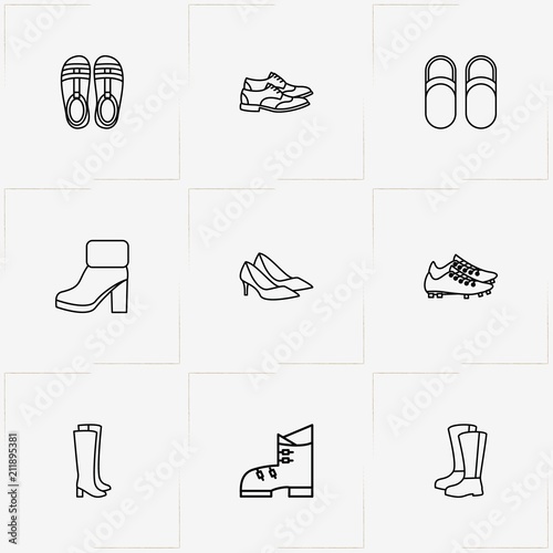 Shoes line icon set with lady sandals, lady shoes and shoes