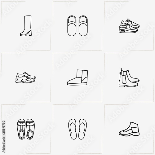 Shoes line icon set with shoes , slippers and lady sandals