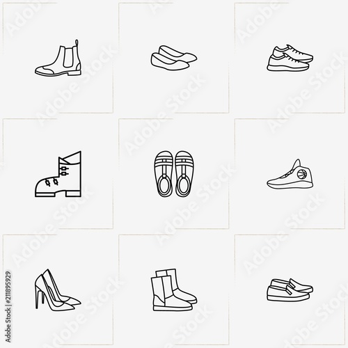 Shoes line icon set with felt boots , lady sandals and boots